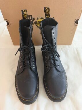 Dr. Martens Black Leather Lace-Up Ankle Boots with Yellow Stitching
